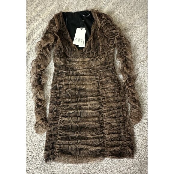 Zara Dress Draped Tulle Mini Long Sleeve in Snakeskin Brown Size S New - Picture 7 of 16